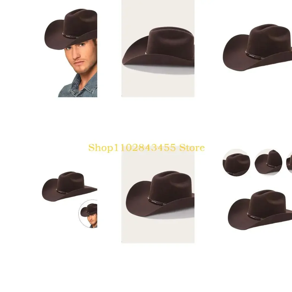 

49MC Classical Fedoras Hat Coffee Wool Wide Brimmed Western Cowboy Hats for Dinner