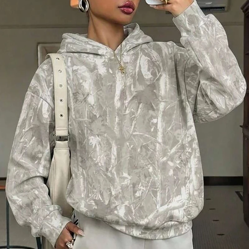 Lady Comfortable Splice Office Commute Hoodie Sweatshirt Casual Hat Collar Loose Hoodie Trendy Leopard Print Long Sleeved Hoodie