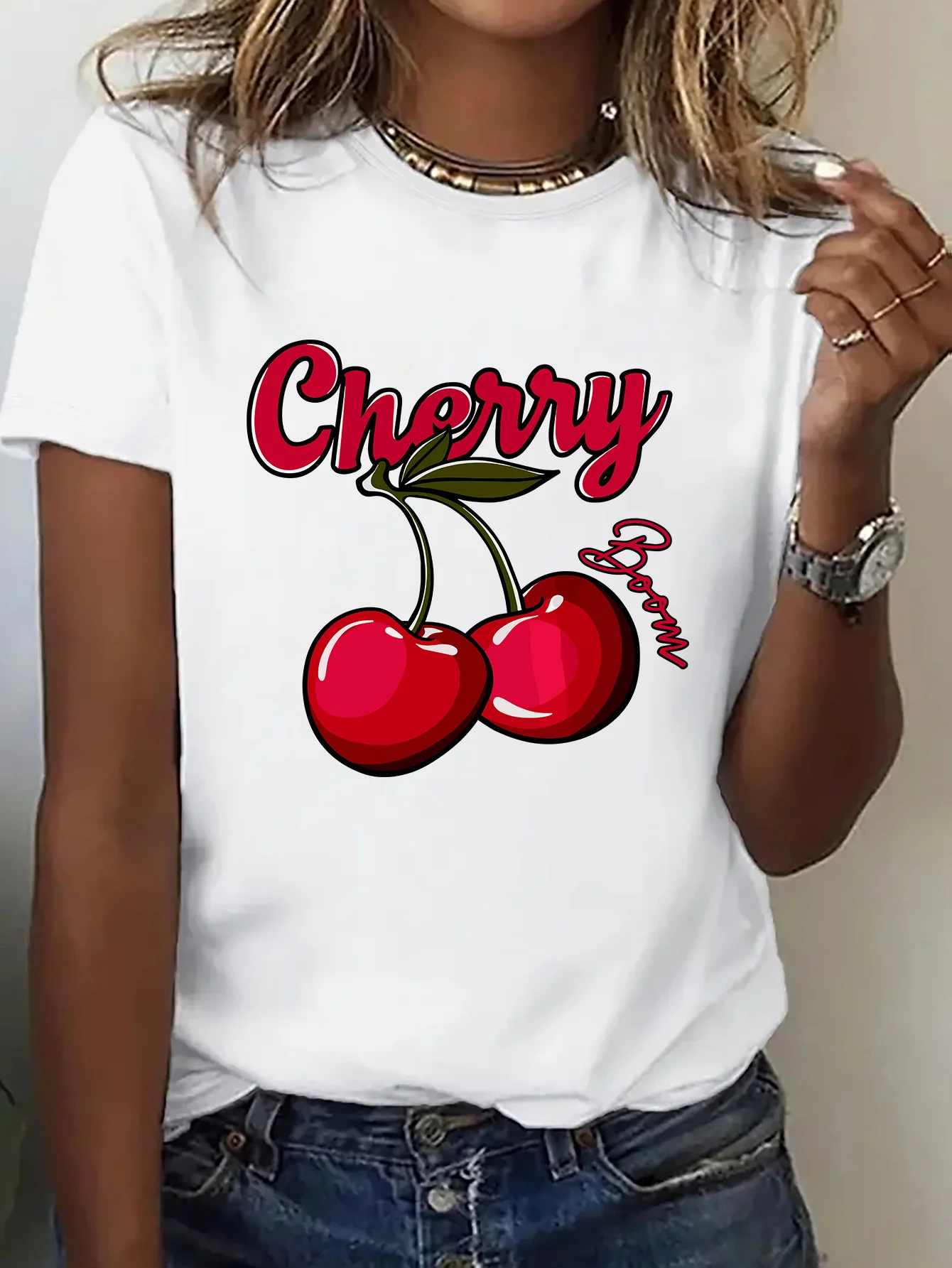 Charming Vintage Cherry Fruit Retro Letter Art Graphic Womens T Shirt Short Sleeve Crew Neck Daily Casual Ladies Tee Tops