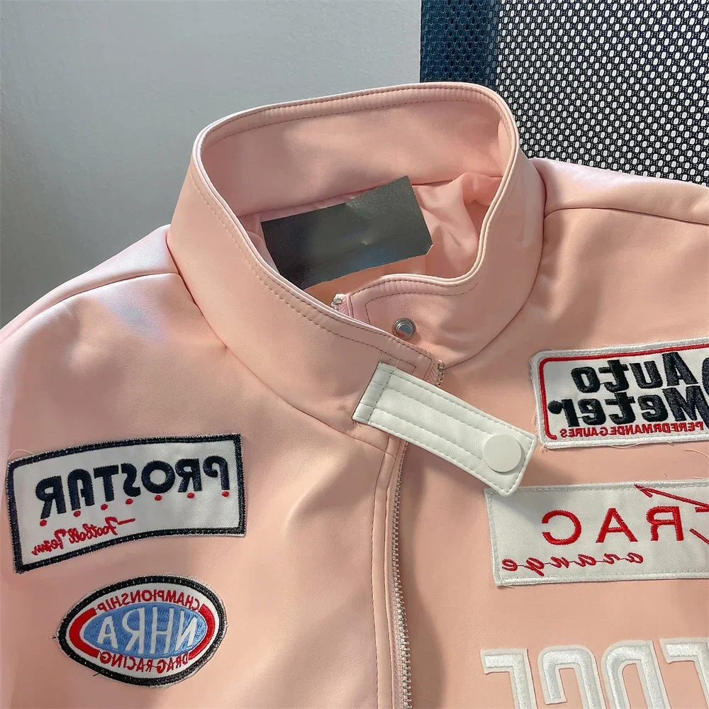 Chaqueta de motocicleta de cuero para mujer, chaqueta Rosa americana, costura Y2K, chaquetas bordadas a prueba de viento, alta calidad, Hip Hop,