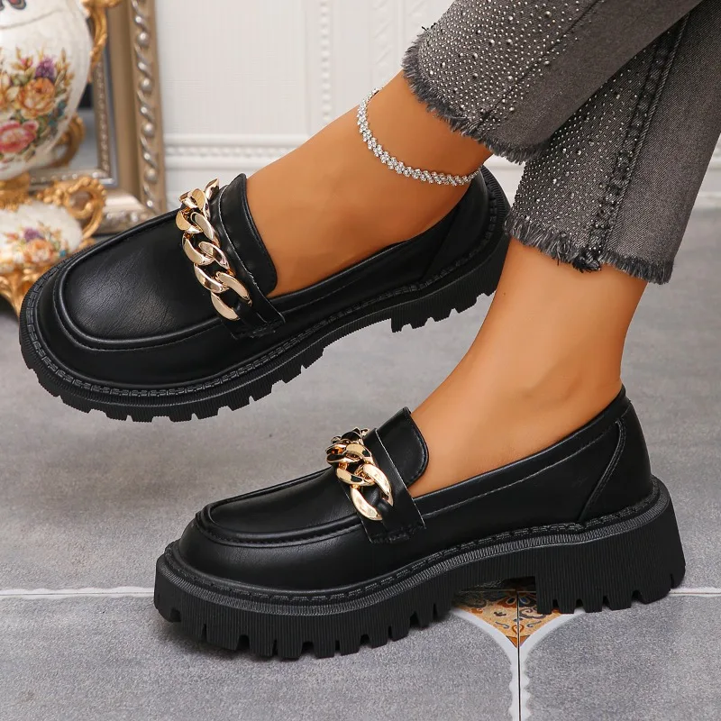 Women's Thick Heel Slip-On Loafers 2026 New British Style Round Toe Chain Decor Shoes Mid Heels Comfortable Women Single Shoes