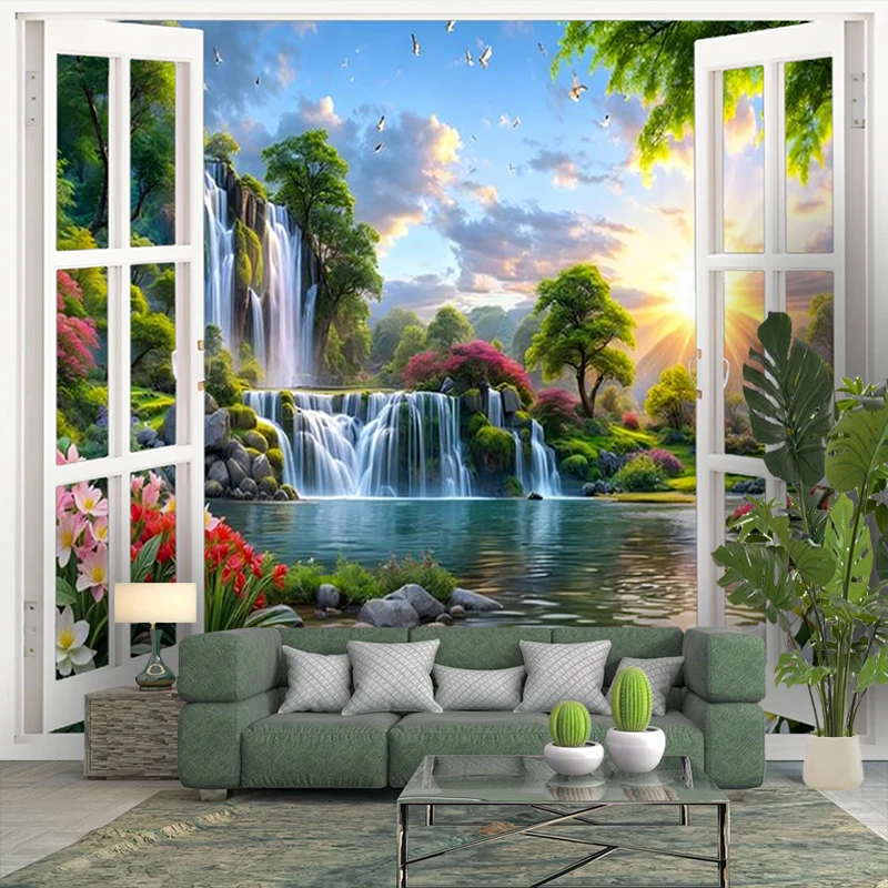 1PC Digital Print Tapestry Wall Hanging, Fake Window Forest Path Sunlight Trees Art, Nature Scenery 3D Window Wall Art Decor - view 5