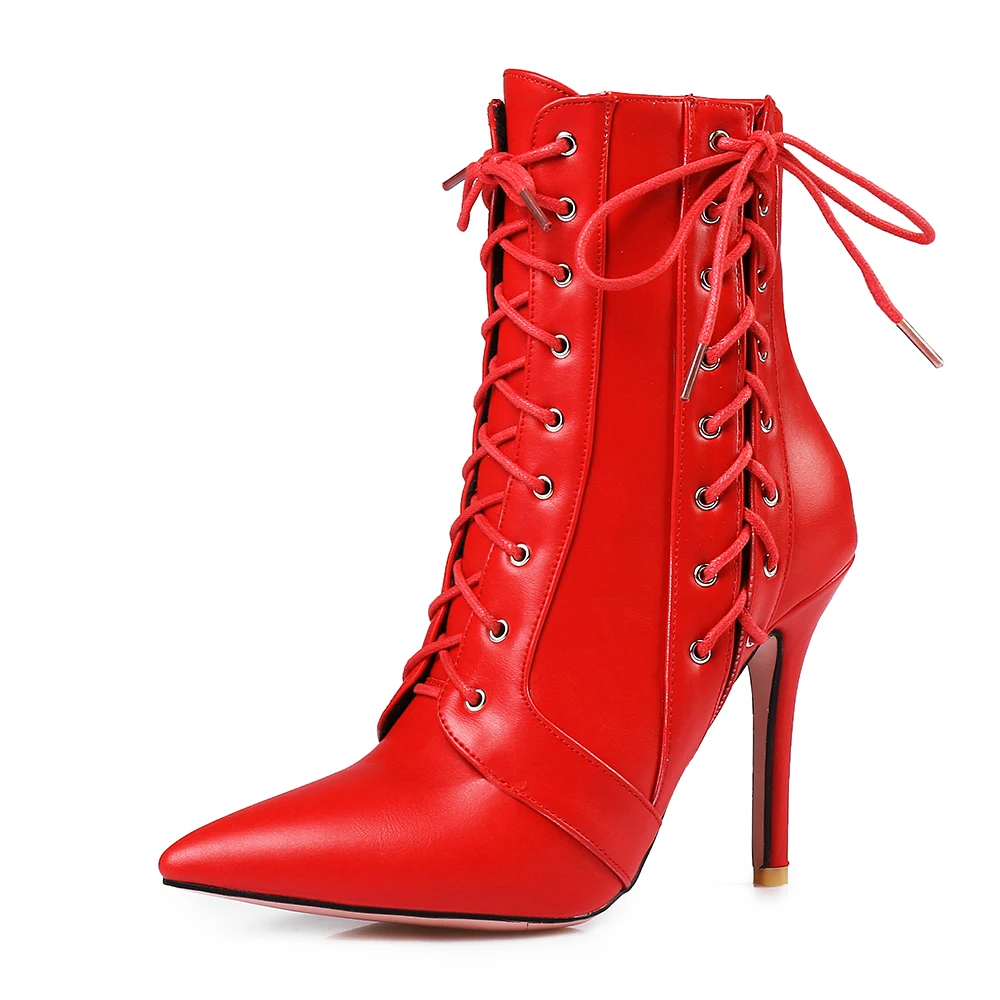 Spring New Glamour Black Red Women Ankle Boots Pointed Toe High Stiletto Heel Lady Dress shoes Plus Big Size 12 44 47