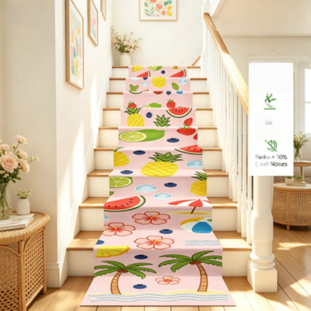 Summer Fruit Print Self-Adhesive Long Stair Mat, Convenient Long Stair Tread Pad, Sound-Absorbing Non-Slip Step Protector.