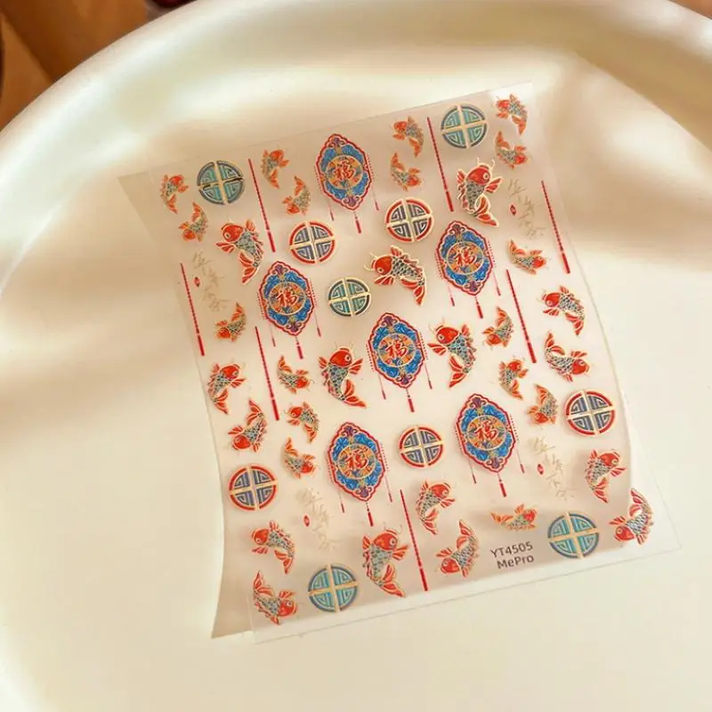

1Sheet 3D Relief Nail Sticker Fu word koi Adhesive Decals Red Floral Slider Nail Accessories For Nail Art DIY Decoration