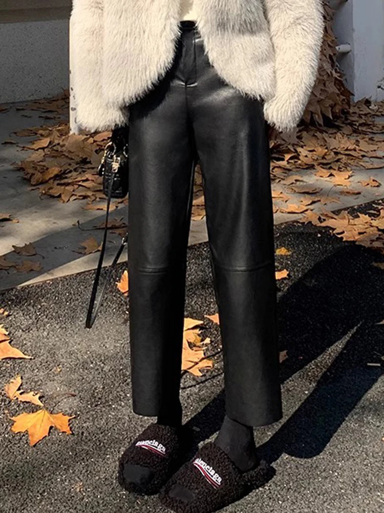 PU Leather Straight Pants Women's Clothing 2024 Autumn Winter Elastic High Waist Loose Casual Pants Slim Vintage Versatile Style