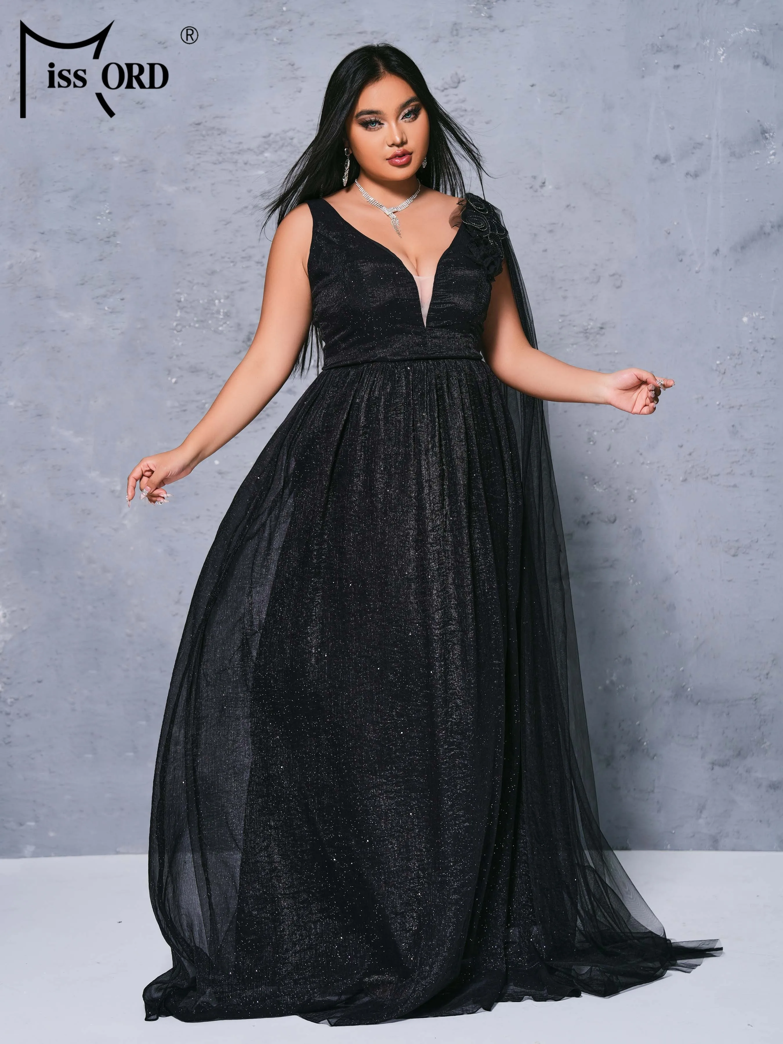 Missord-Robe de soirée noire en tulle, grande taille, chic, élégante, col en V, coupe trapèze, robes pour occasions formelles, nouvelle collection 2024