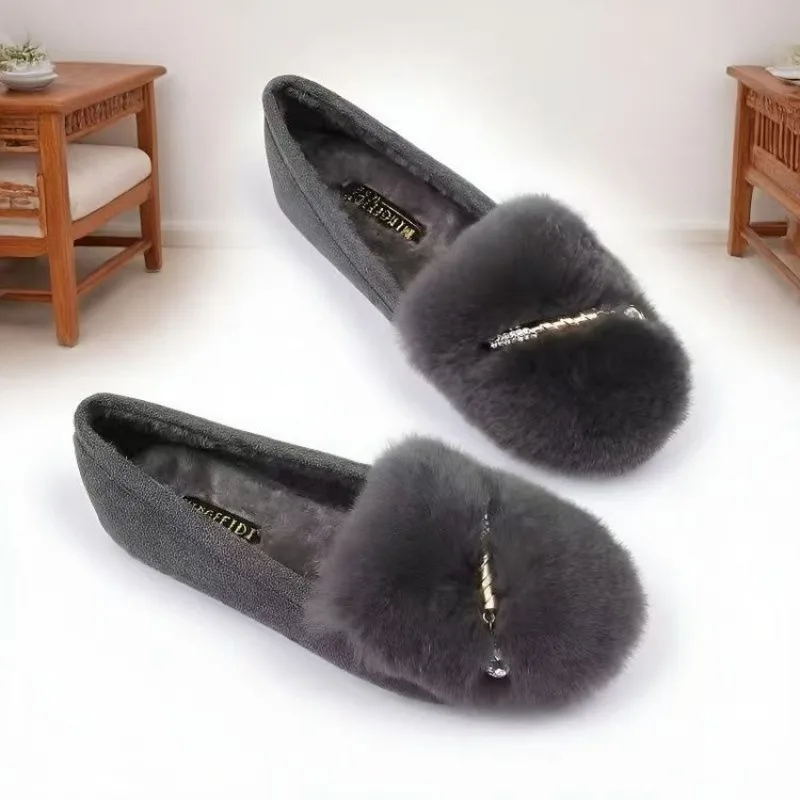 Black Furry Loafers Women Plush Slip On Rhinestone Heart Pendant Round Toe Warm Cozy Versatile Winter Casual Mom Shoes view 6