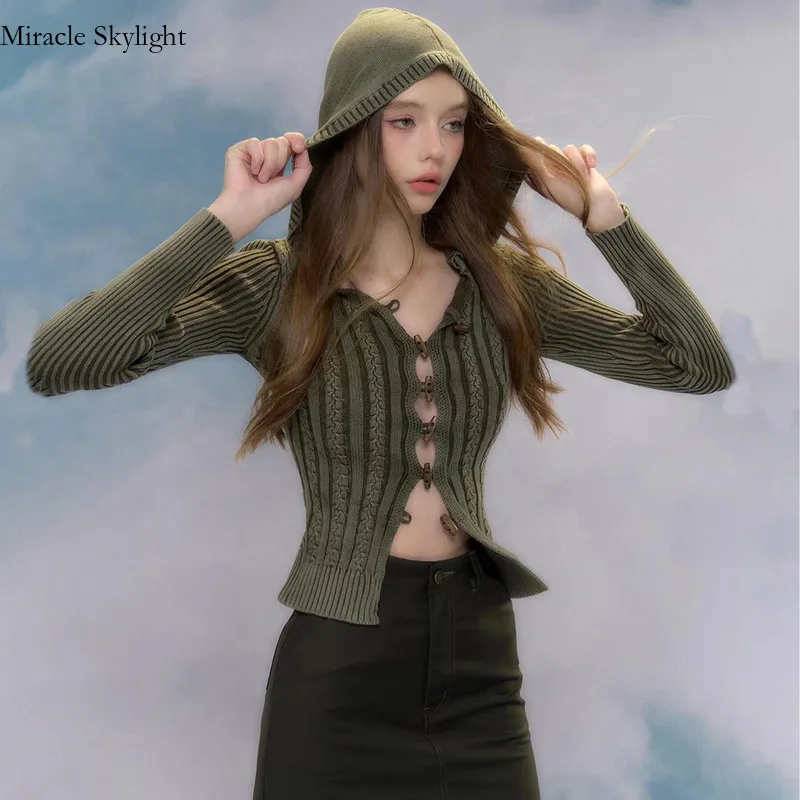 Wind Hooded Sweater Women, Sweet And Spicy, Slim Fit, Long Sleeved Cardigan With Button Top For Women