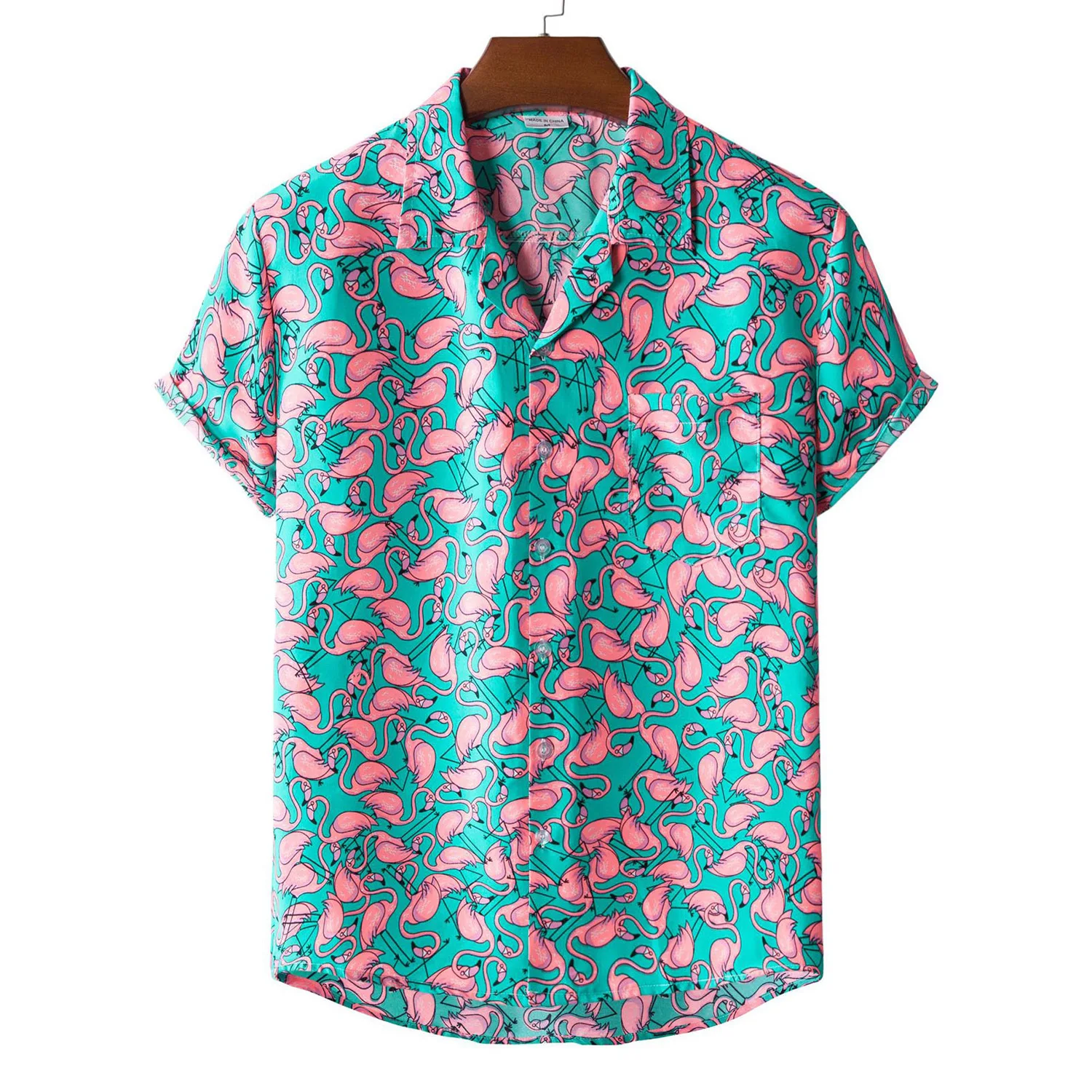 2024 New Hawaiian Beach Style Floral Shirt Men\'s Summer Fashion Short Sleeve Flamingo Print Trendy Tops Large Size Clothing