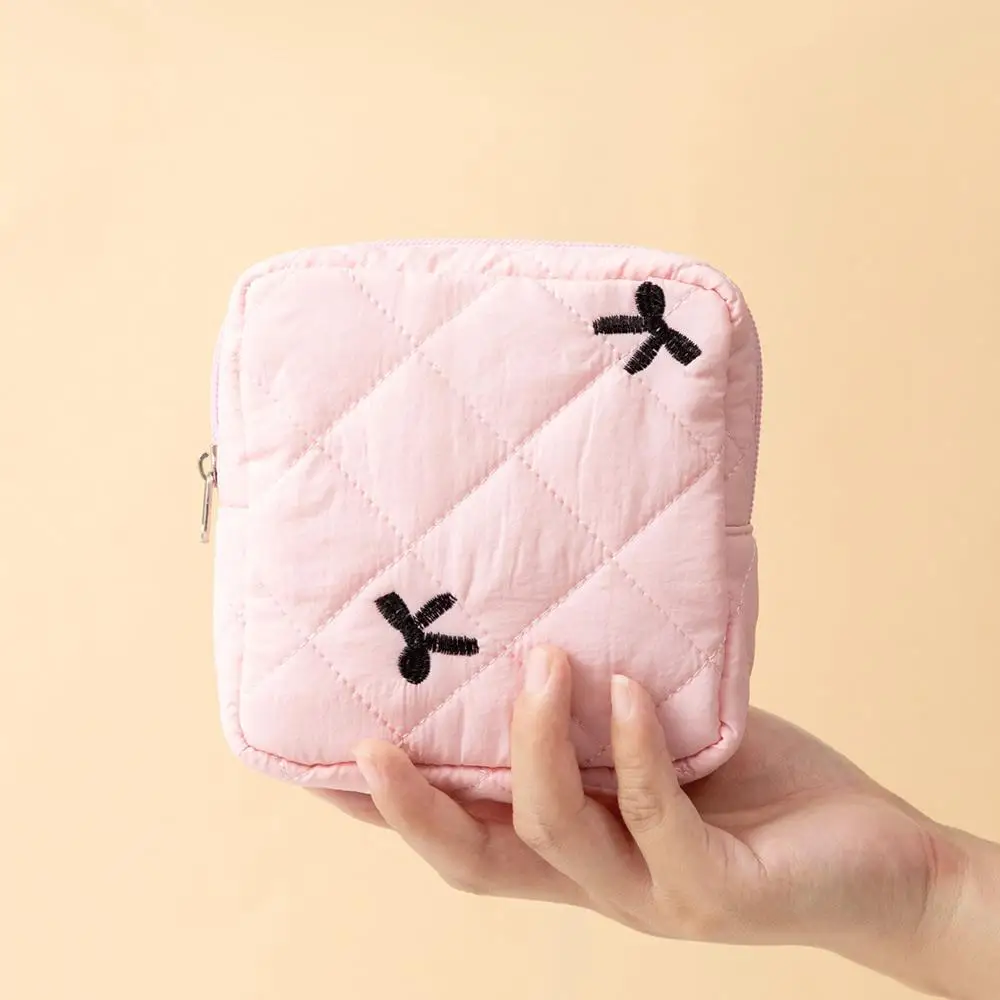 Cute Bow Sanitary Napkin Organizer Bag Quilted Cotton Small Makeup Bag Coquette Keychain Earphone Coin Purse