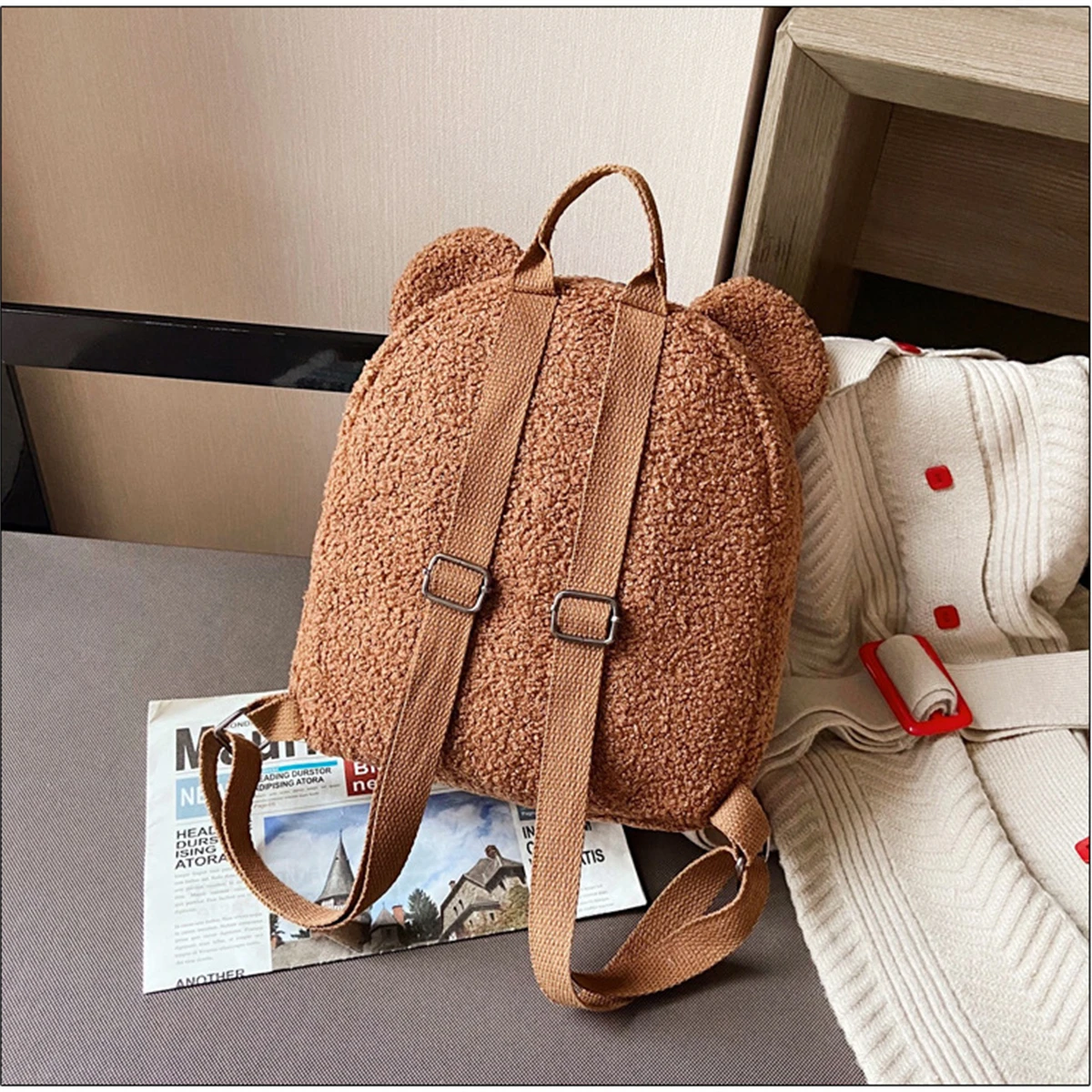 Plush backpack women\'s bag autumn and winter new Korean version cute little bear ear backpack girls\' parent-child bag-LJX