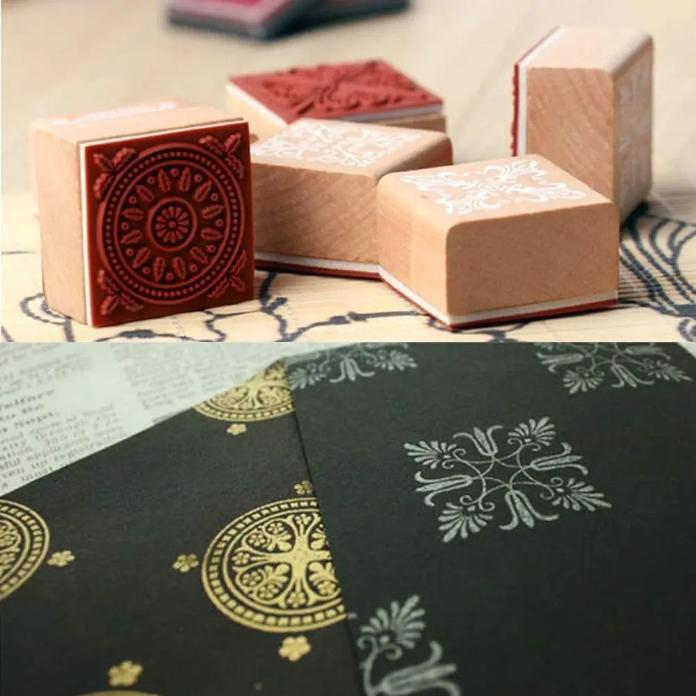 Wooden Emboss Stamps Floral Pattern Round Square Baroque Mandala Lace Texture Rubber Stamp for Ceramic Pottery Polymer Clay Tool