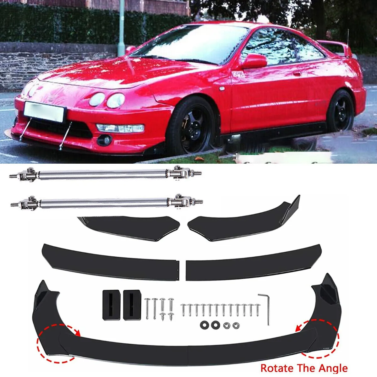 

For Acura Integra GS-R Front Bumper Lip Splitter Diffuser w/ Strut Rods Body Kit