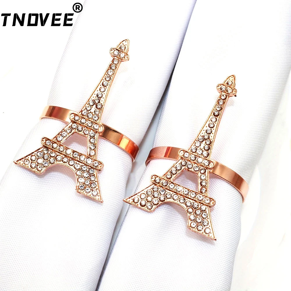 6Pcs Eiffel Tower Napkin Rings Rose Gold Napkin Holder Rhinestone Serviette Buckles for Wedding Thanksgiving Party Table Decor