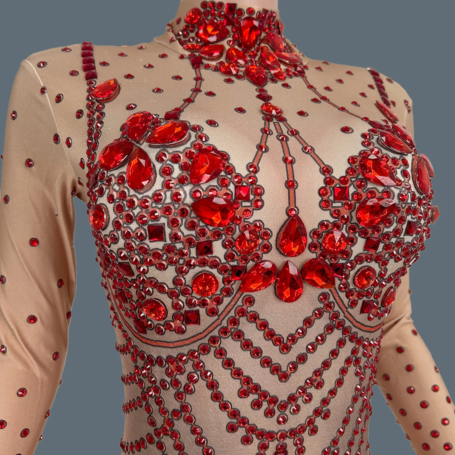 Tuta skinny elastica in spandex Shine Red Strass Nightclub Party Dance Stage Performance Outfit Showgirl Abbigliamento sexy Hongboli