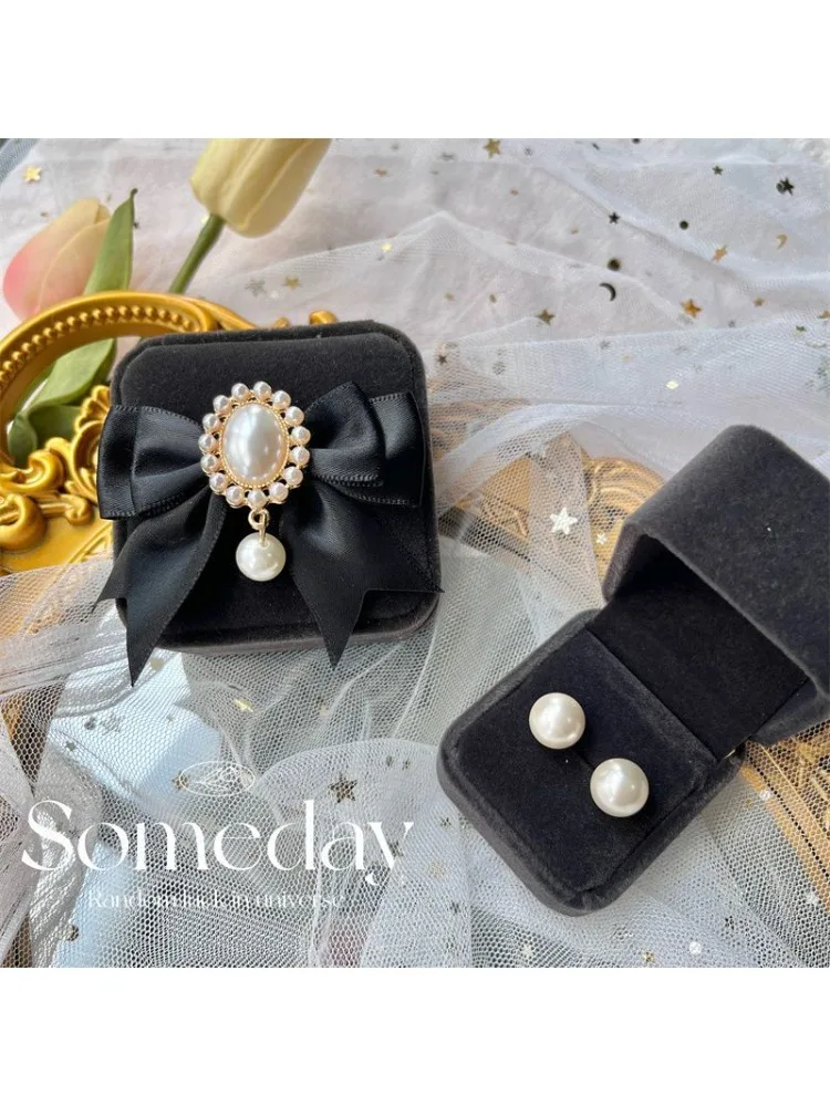 Gray Bow Premium Necklace Earrings Ring Jewelry Gift Box Light Luxury Angel Retro