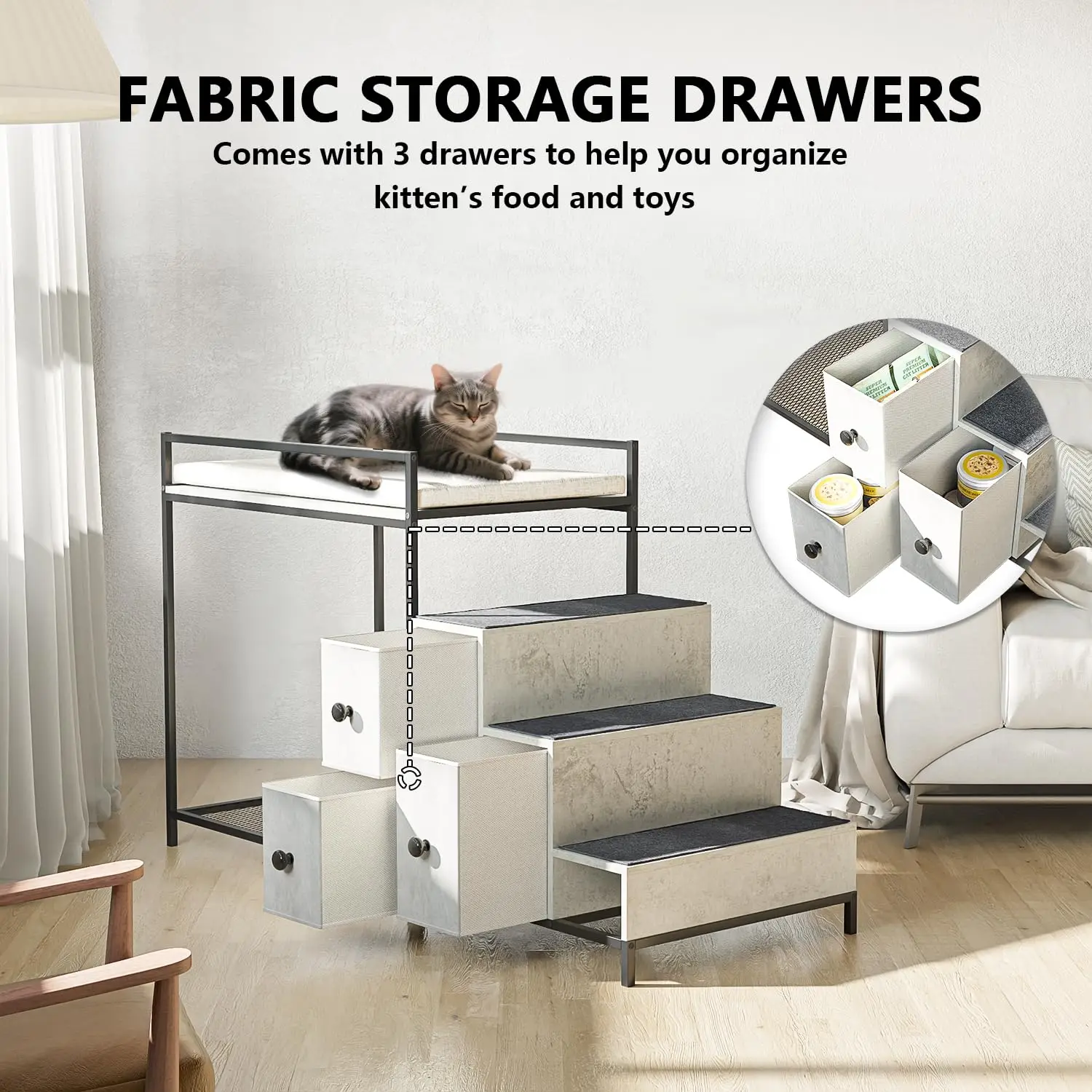 Dog Bunk Bed Cat Window Perch with Stairs and Drawers, Cat Window Seat Perch, Indoor Perch with Stairs for Small Medium Cats
