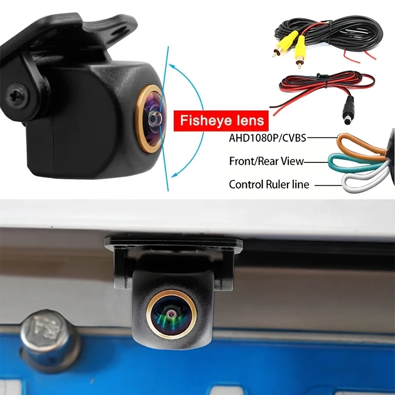 Universal Fisheye Rear View Backup Camera, AHD1080P/CVBS, Full Color Night Vision, Surface Mount, with Parking Guide Lines