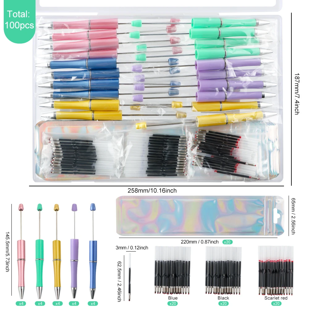 100Pcs/Box Ballpoint Pen DIY Bead Pen Plastic Beading School Office Writing Supplies Stationery Wedding Gift