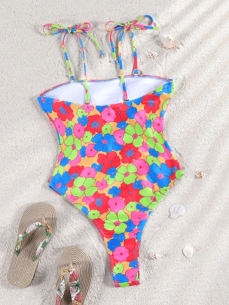 High Cut Swimwear Bandage One Piece Suits Pleated Swimsuit Women 2026 Floral Print Bathing Suit Patchwork Summer Beachwear
