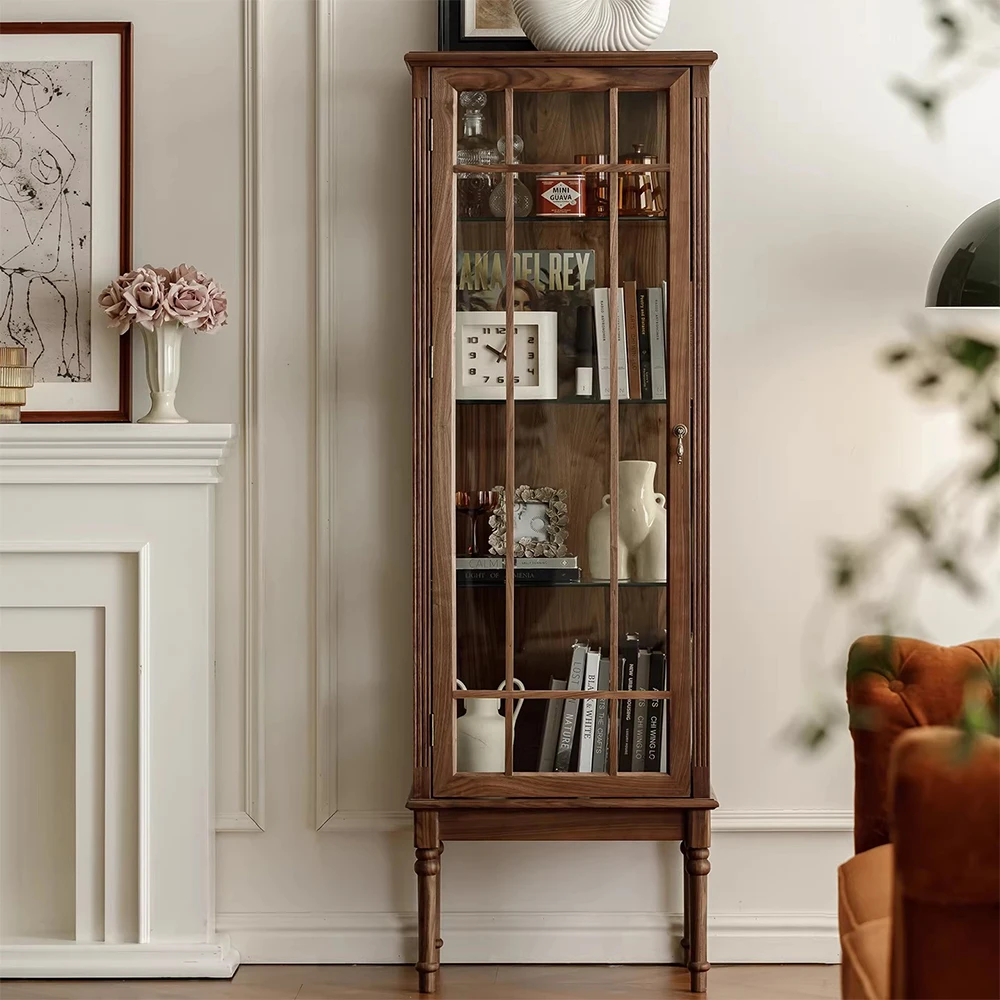 -ee North American Black Walnut Wood Modern Adjustable Wine Cabinet Glass Display French Solid Living Room Side Tall Cabinet