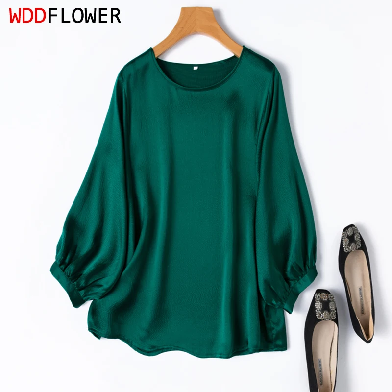 

Женская шелковая рубашка из 100% тутового шелка 19 Momme Pearl Silk Однотонный зеленый пуловер с рукавами и рукавами Блузка для офисной работы L XL M1375