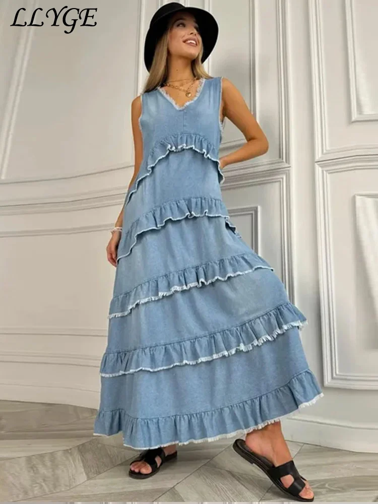 

Loose Ruffles Edging Denim Long Dress Women Casual V-neck Sleeveless Female Cake Dresses 2025 Summer Lady Fashion Vacation Robe