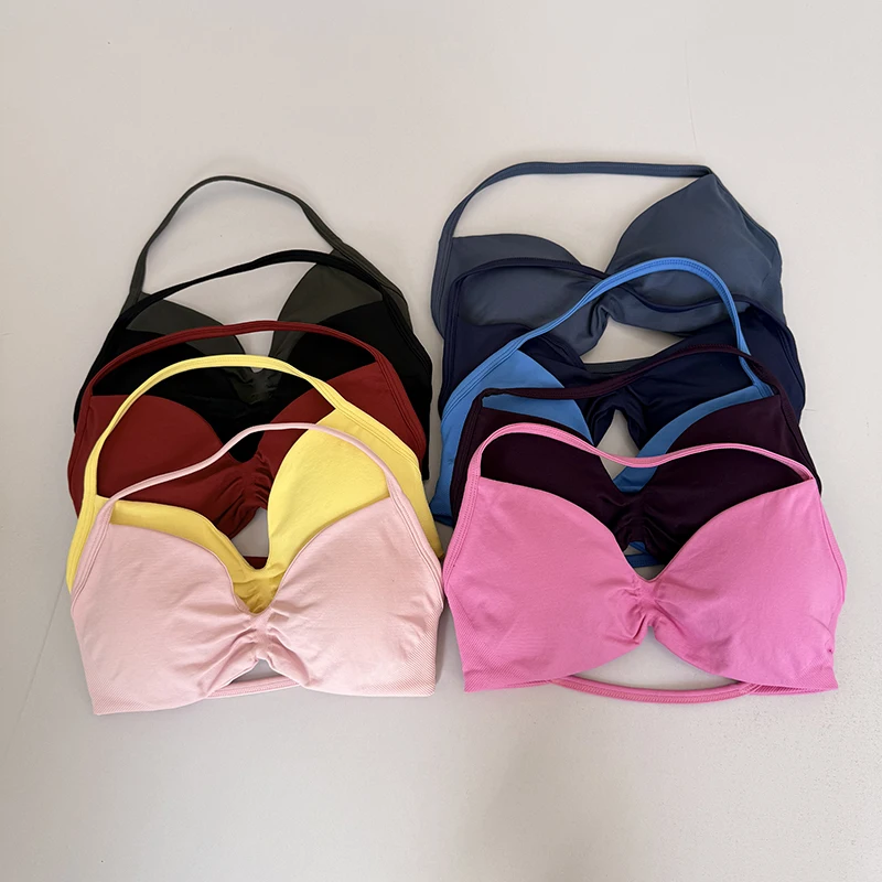 Women's Hot Selling Sexy Neck Hanging Seamless Knitted Sports and Fitness Bra, Backless Anti Impact Yoga and Fitness Bra