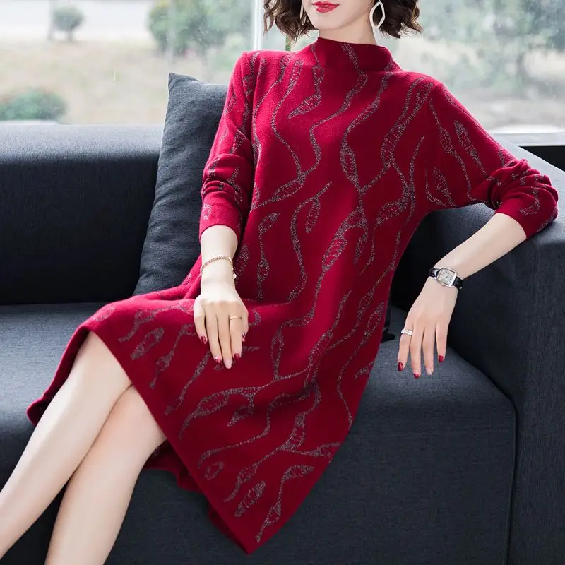 Moda abito longuette lavorato a maglia di seta brillante abbigliamento femminile Casual mezzo collo alto 2023 autunno inverno abiti dritti larghi