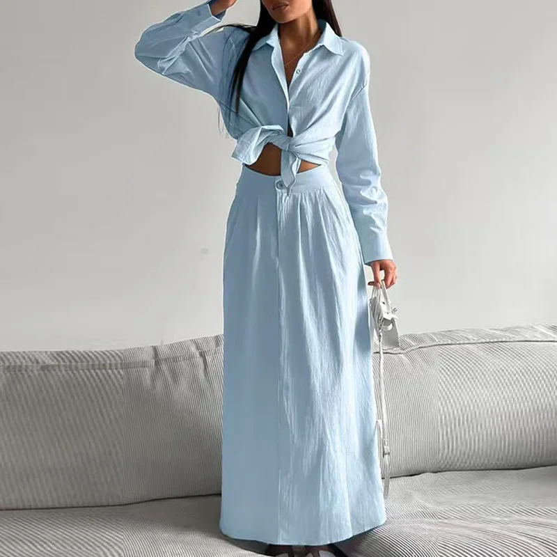 

Fall Long Sleeve Button Lapel Shirt & High Waist Skirts Outfit Women Casual Solid Two Piece Set Spring Tie-up Hollow Office Suit