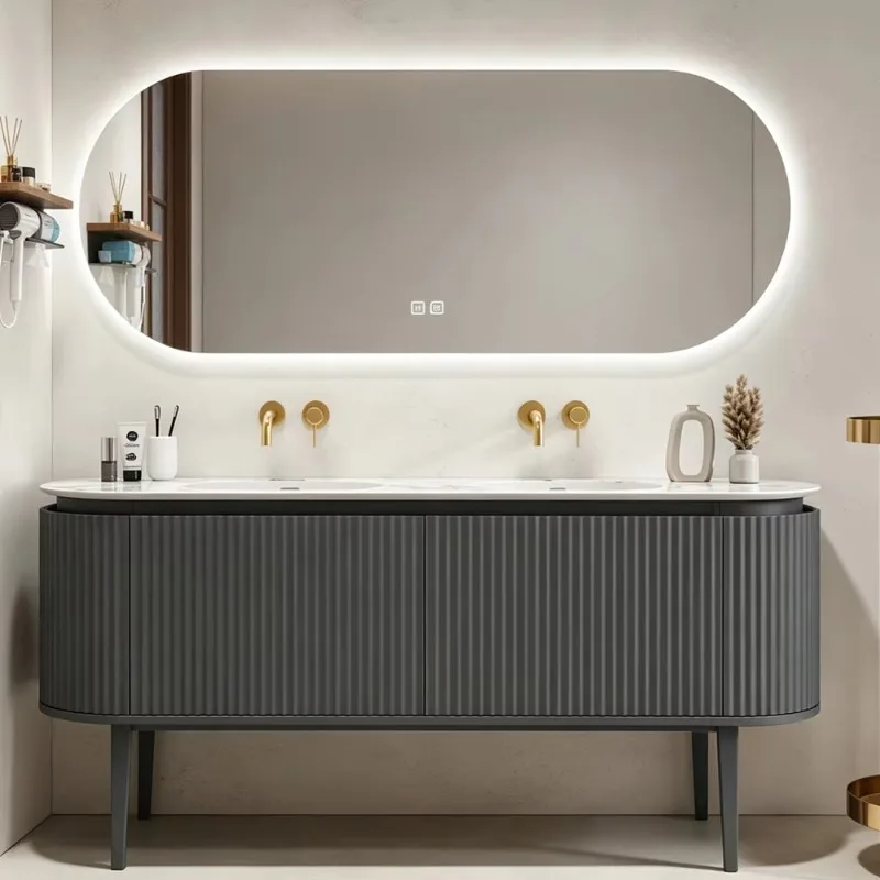Dark Grey Ripple Wood Bathroom Cabinet, Double Undermount Sink Luxury Bathroom Vanity Set