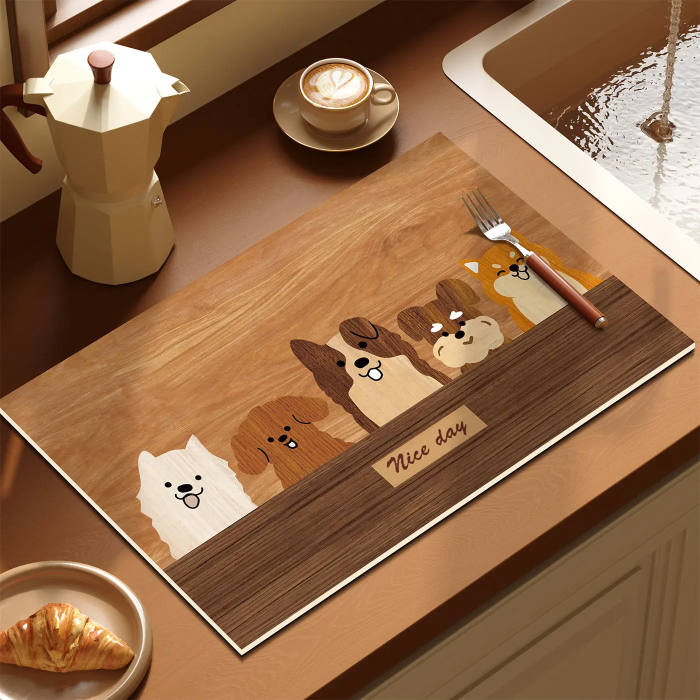 VIKAMA Wood Grain Splicing Dog Drying Mat Multi Puppy Print Waterproof Non Slip Heat Resistant Kitchen Counter Dining Pad Rug