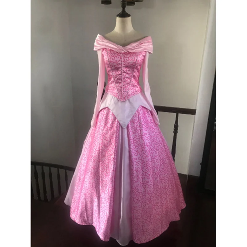

Aurora Princess Cosplay Costume Long Sleeve Pink Dress For Adult Girl Women Halloween Party Costume Dress Custom Made