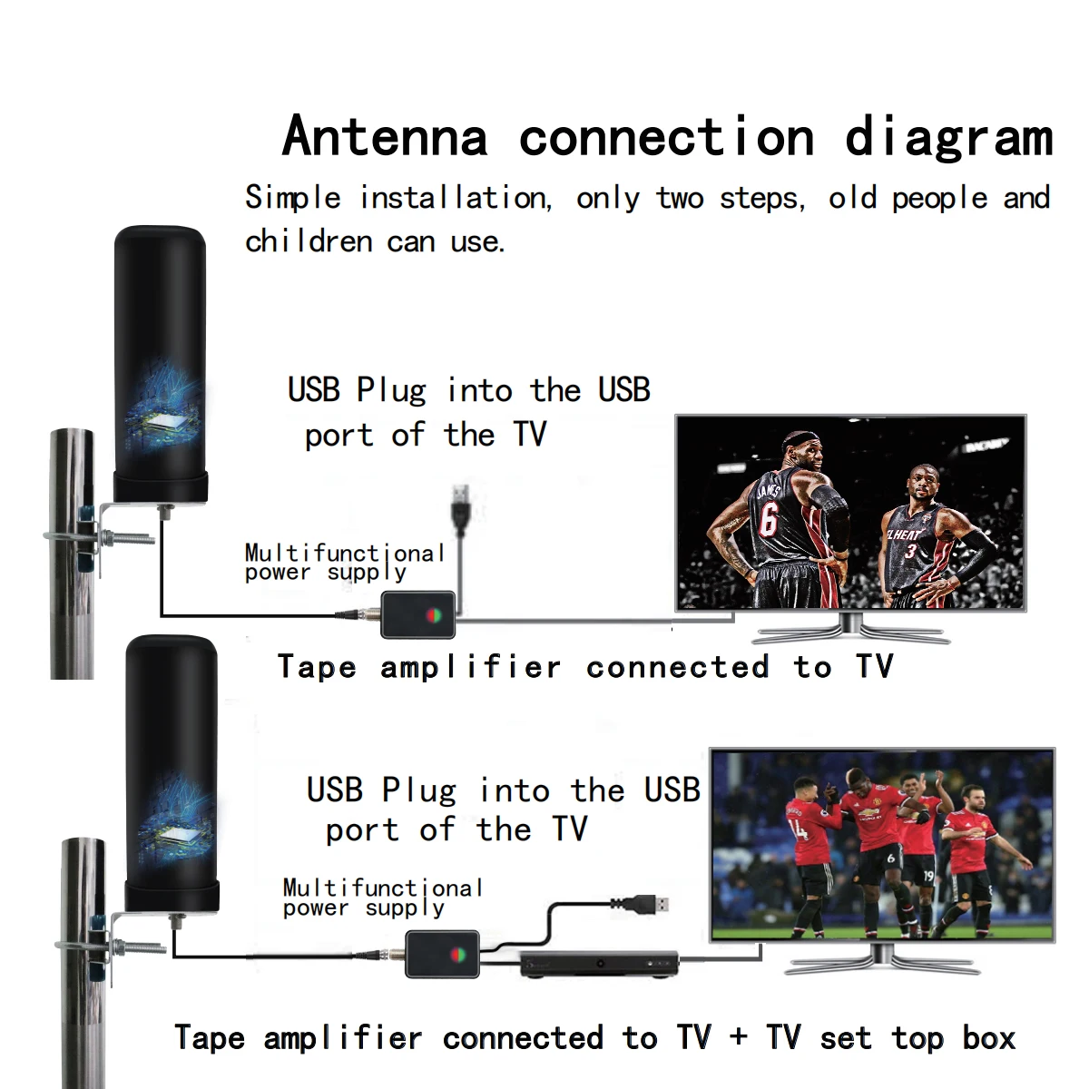 High Gain Barrel Antenna Digital HDTV Antenna Omni Signal Amplifier Waterproof Outdoor TV Antenna with Booster