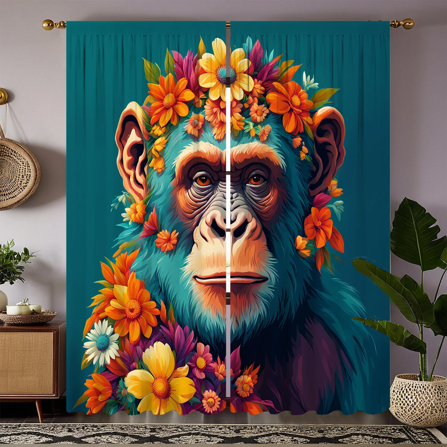 2pcs Vibrant Monkey Garland Print Curtains - Blue Polyester, Semi-Transparent, Machine Washable, Rod Pocket Design for Living Ro