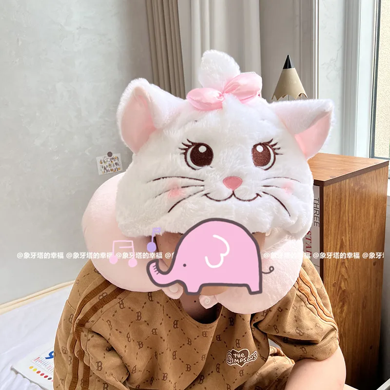 Disney Marie Cat Nick U-shaped Hooded Neck Pillow Stuffed Anime White Cat Travel Blackout Nap Pillow Comfortable Gifts Girl