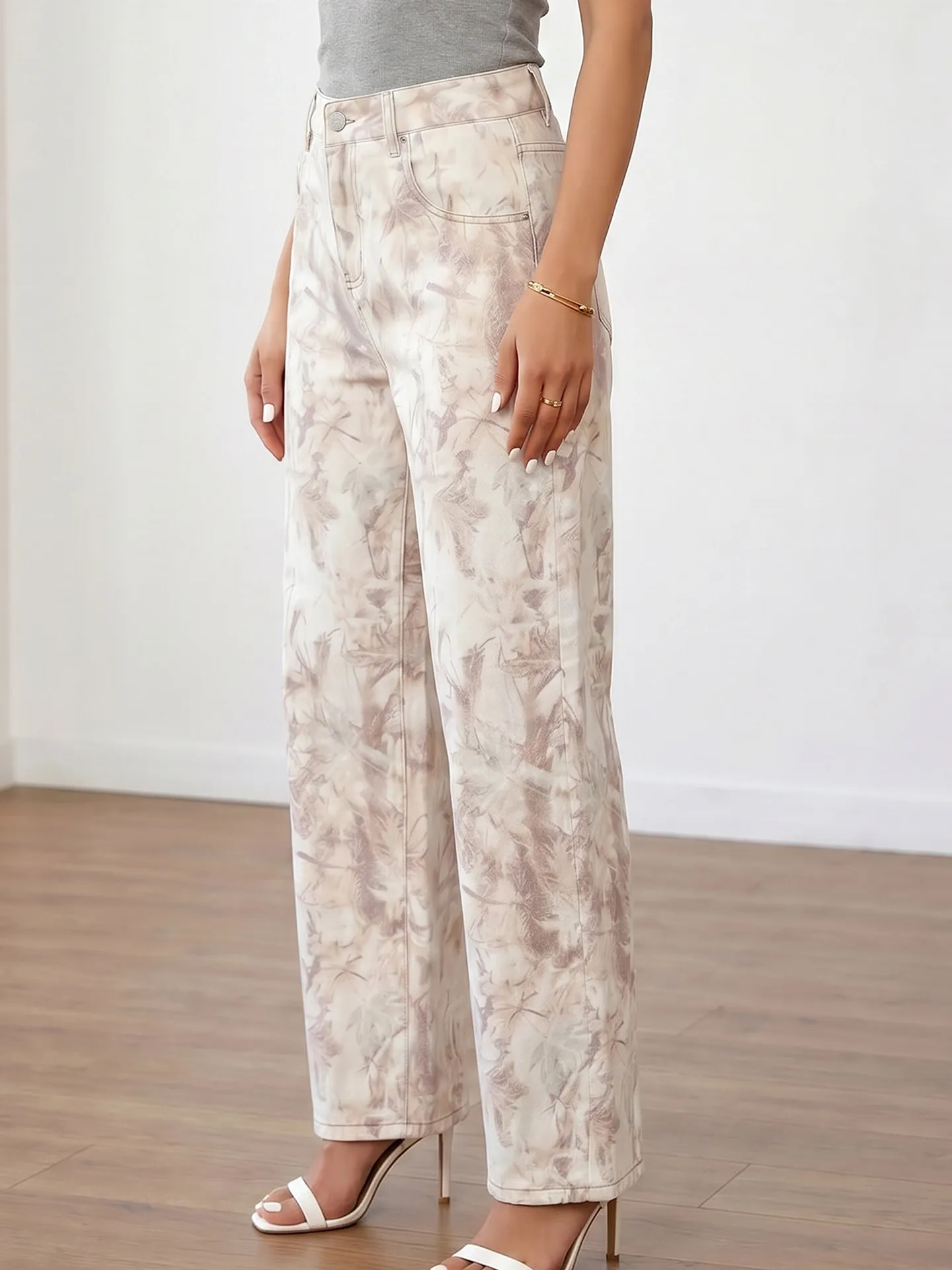High Waist Casual Denim Jeans Women's Summer 2026 New Tie Dye Print Wide Leg Long Pants Versatile Cotton Blend Comfortable Fit