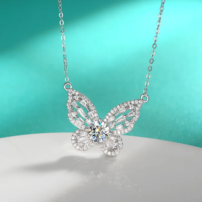 

925 Sterling Silver 1ct D Color Moissanite Butterfly Pendant Necklace for Women Fine Jewelry Wedding Engagement Birthday Gift