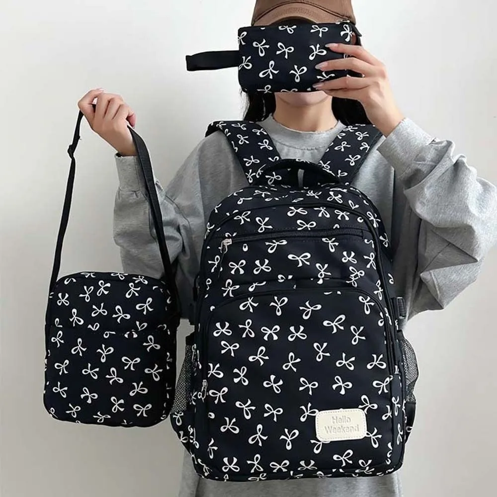 

Daypack Three-piece School Bag Set Casual Large Capacity Nylon Bow Backpack Crossbody Bag Scratch Prevention Students School Bag
