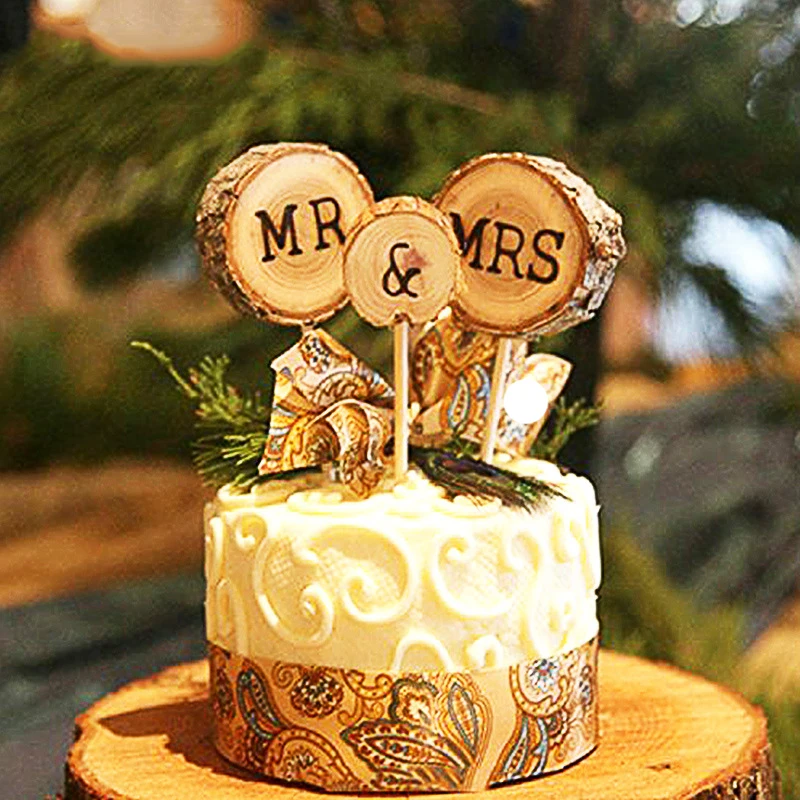 1pc Mr&Mrs Cupcake Toppers Natural Wood Cake Decoration Wedding Anniversary Dessert Insert Love Theme Party Favors Supply