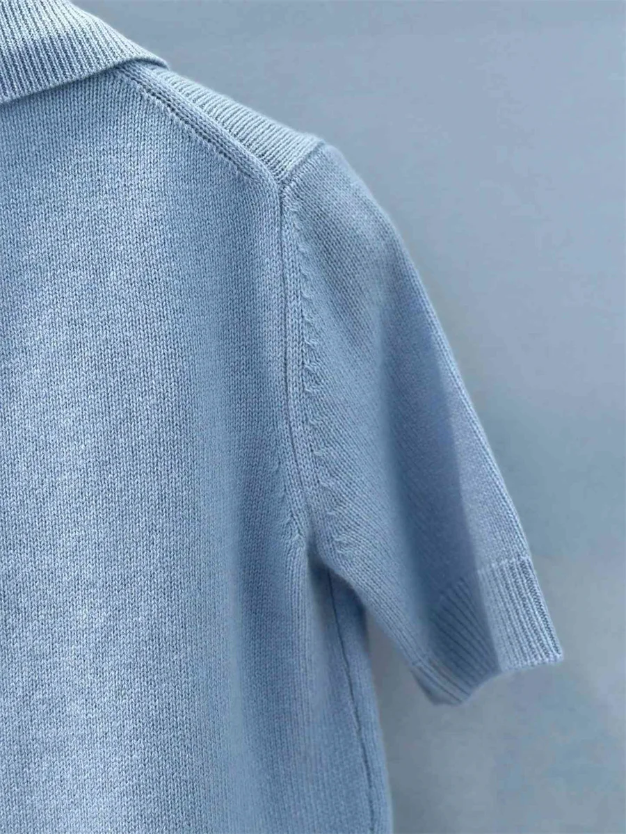 Embroidered Wool Sweater, Short Sleeve, Blue Collar, Classic Sweater, New Collection, 2024 Autumn and Winter