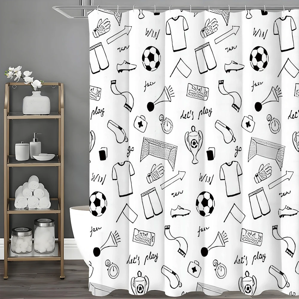 

Cartoon Football Flag Trophy Soccer Net Pattern Shower Curtain, Bathroom Decorative Shower Curtain, Waterproof Shower Curtain wi