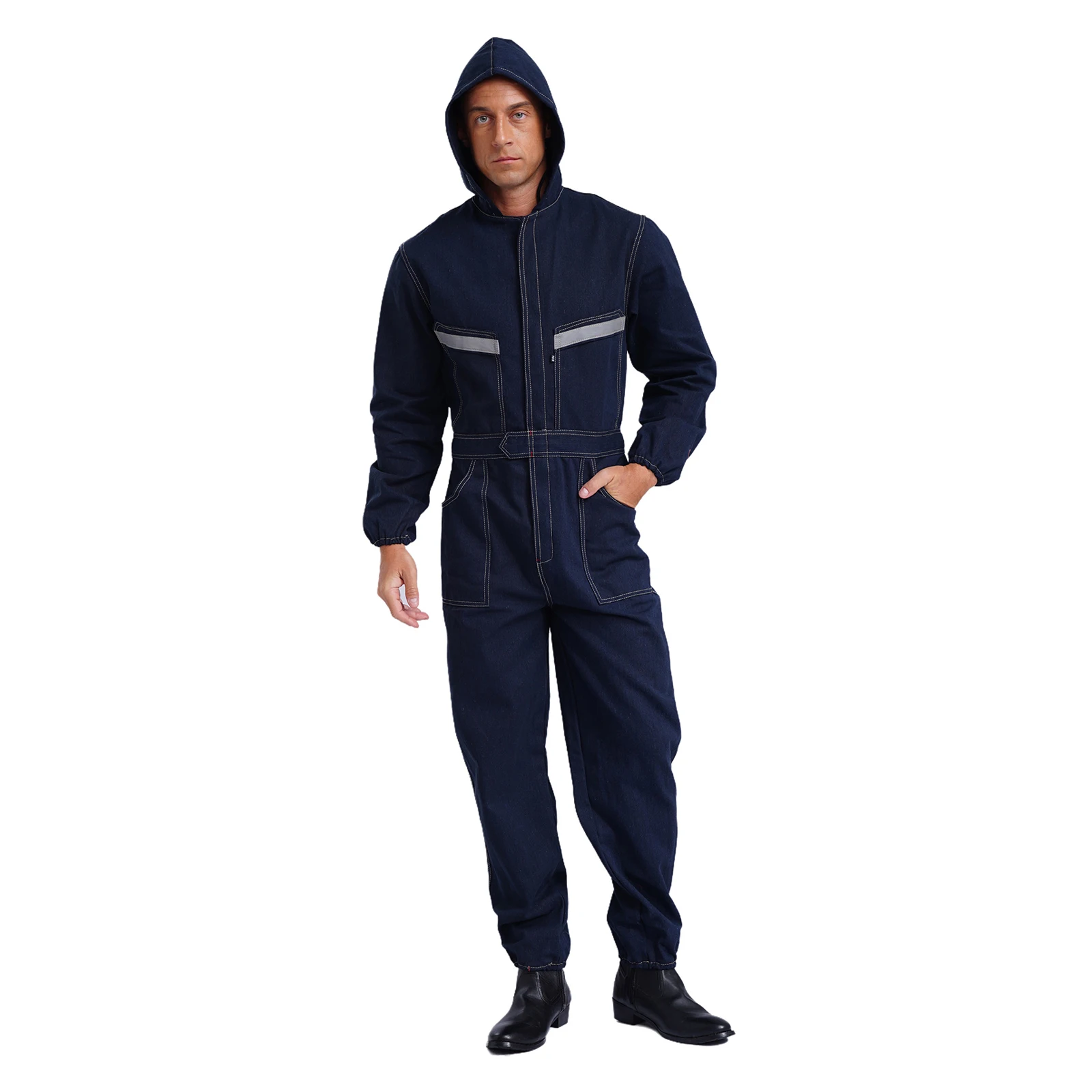 Mens Resistant Denim Coveralls Protective Jumpsuit Reflective Stripes Hooded Work Uniform for Electric Welding Spray Paint