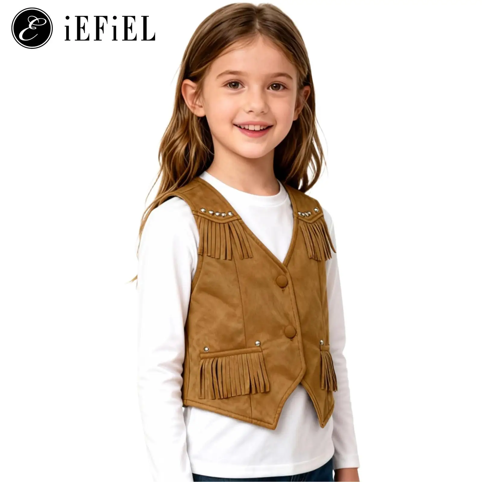 

Boys Girls Halloween Western Cowgirl Cowboy Cosplay Costume Vintage 70s Hippie Boho Faux Suede Tassels Waistcoat Vest Dress Up