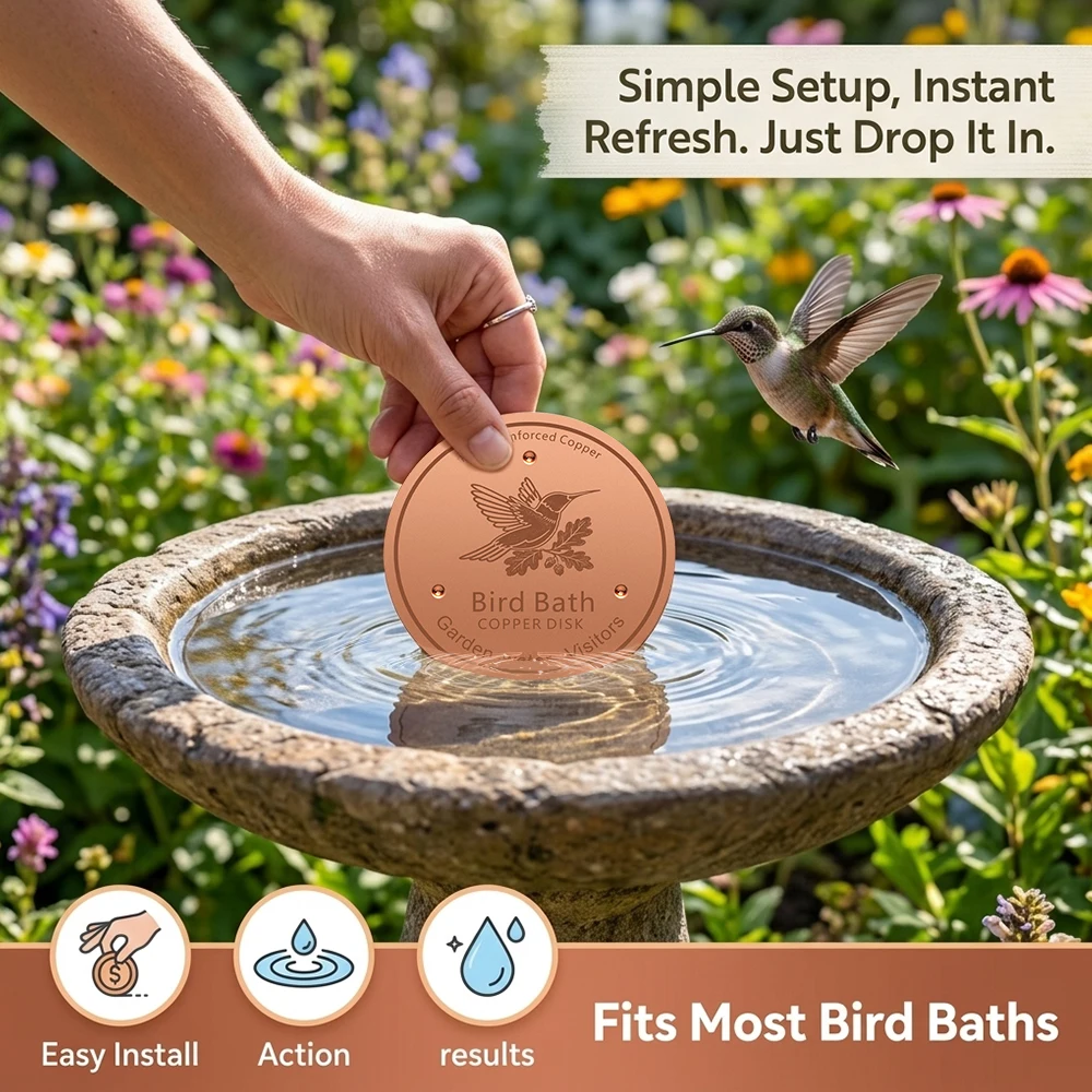 Reinforced Copper Bird Bath Disk, Instant Water Freshener for Garden, Fits Most Bird Baths, Hummingbird Attractor, Easy