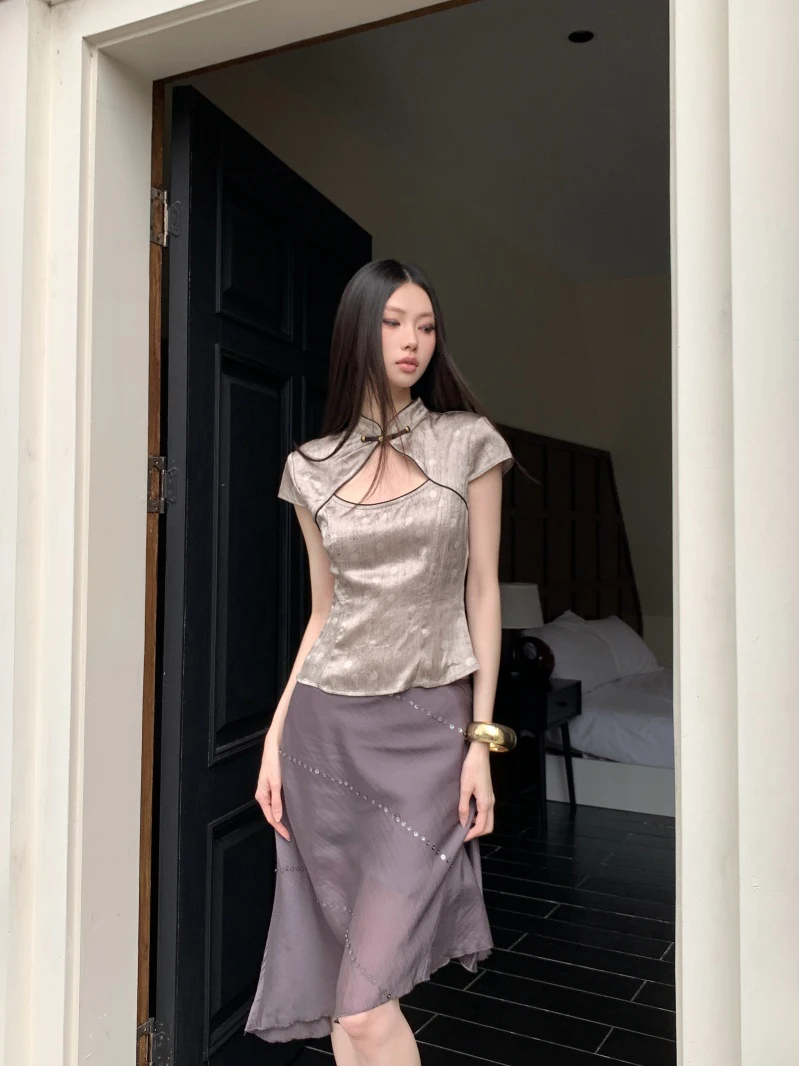 Mipaiyi Retro Chinese Style Ladies Polka Dot  Top Summer Slim Fit Stand Collar Short Sleeve Casual Women's Wear