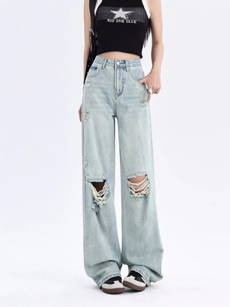 FINEWORDS Causal Vintage Y2K Wide Leg Baggy Jeans Women Streetwear Light Blue Denim Pants Full Length Punk High Waist Pants