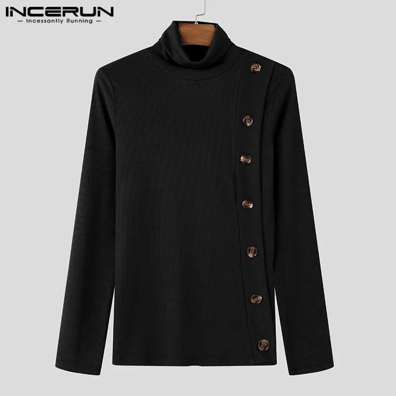 INCERUN New Men\'s Clothing Solid Button Texture T-shirt Stylish Male City Walk All-match Simple Long Sleeved Camiseta S-5XL 2024