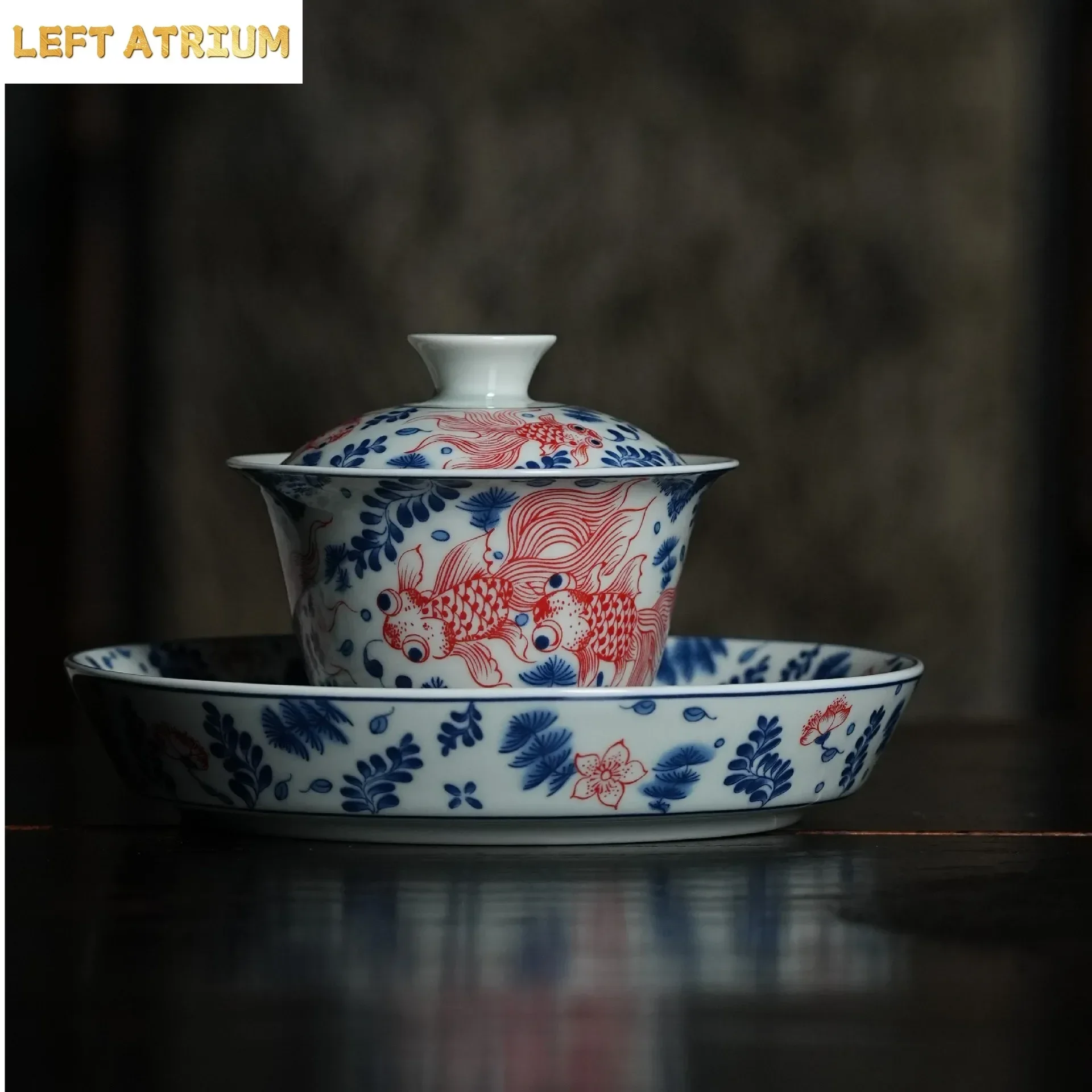 Blue and White Cover Bowl Retro Fish and Algae Pattern Hover Tea Maker Chinese Household Ceramic  Anti-scalding Kung Fu Tea Bowl